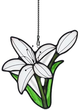 BOXCASA Lily Flower Stained Glass Suncatcher, White Flower Window Decor | White Flower Gift for Mom, BOXCASA Lily Stained Glass Suncatcher Window Indoor Decor for Livingroom Bedroom and Home Wall Art