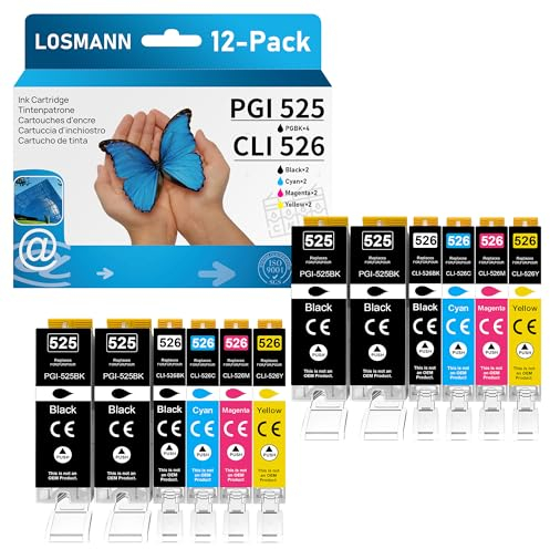 LOSMANN PGI-525 CLI-526 Druckerpatronen Kompatibel für Canon 525 526 Tintenpatrone für PIXMA MG5140 MG5350 MG5150 MG5250 IP4850 IP4950 IX6550 MX885 MX715 MG6150 MG6250 MX895 MG8150 MG8250 (12er-Pack)