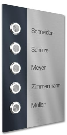 Graviers Design Mehrfamilienhaus Klingel mit LED Klingeltaster 5 Namen Gravur - V2A Edelstahl Türklingel 140x220 mm - Unterputz wählbar Aufputz für Haustür 5-fach