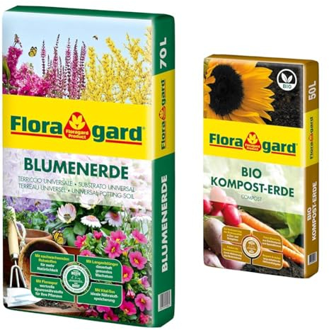 Floragard Blumenerde 70 Liter - Premium Universalerde mit Ton und Langzeitdünger & Bio Kompost-Erde 50 Liter – Pflanzerde für Blumen, Gemüse und Gehölze – mit Bio-Dünger - Gartenerde
