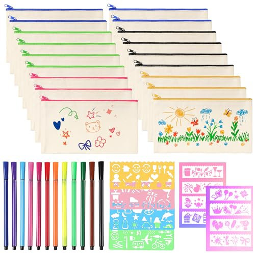 Votoko 18 Stück DIY Stoff Federmäppchen, Leinwand Federmäppchen zum Bemalen, Mäppchen zum bemalen, 12 Buntstift, 12 DIY Malschablonen, DIY Blanko Stoffbeutel für Kosmetiktasche zum Bemalen 21x12 cm