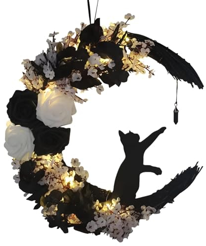 Pzuryhg Katzenkranz, Halloween-Kränze für Haustür, beleuchteter Mond, Blume, Katze, Wandtür, Halloween-Kranz, Versammlungsornament, Innen- und Außenbereich, saisonale Dekoration für den Außenbereich,