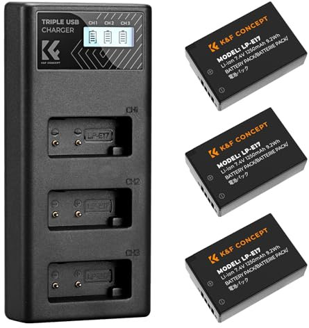 K&F Concept LP-E17 Batterie et LCD Chargeur à Trois Slot 3 X 1250mAh Batterie Compatible avec Canon EOS RP, EOS R10, EOS R8, EOS R50, Rebel T8i, T7i, T6i, Canon SL2, SL3, EOS 77D, EOS 750D