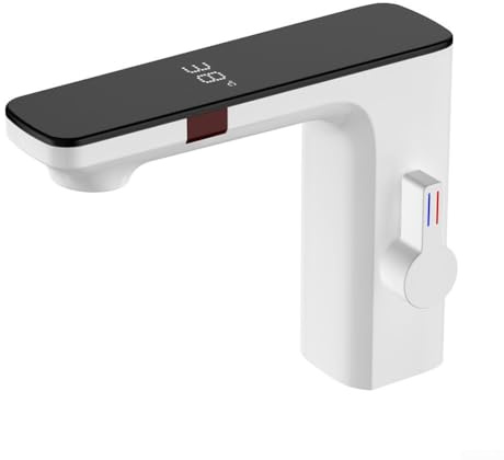 Grifo de lavabo con sensor inteligente | Grifo sin contacto con pantalla digital | Mezclador automático de lavabo de baño que ahorra agua (blanco)