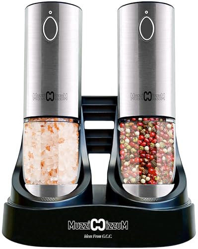 Electric Salt and Pepper Grinder - Automatic Rechargeable Sea Salt and Pepper Grinder with Charging Base and LED Light - Adjustable Salt pepper mill (Automatic Charging Base - Silver+Silver Set 2)