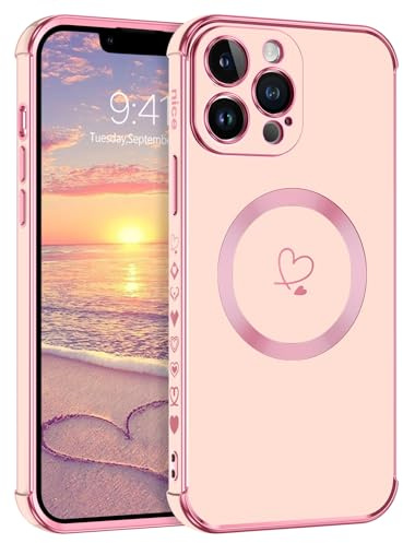 Telaso Magnetische Hülle für iPhone 13 Pro Max, Handyhülle für iPhone 13 Pro Max Niedliches Herz Muster [ Kompatibel mit MagSafe ] Weiche Plattierung Abdeckung für Frauen, Schutz der Kamera, Rosa