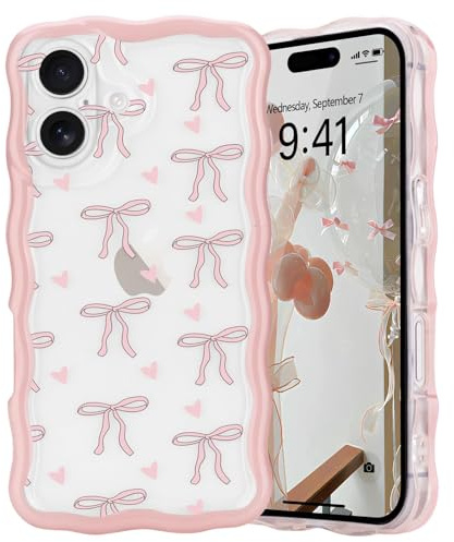 L-FADNUT Bow Case for iPhone 16, Curly Wavy Frame Cute Girly Bow Ribbon Pretty Phone Case, Soft Wave Clear Slim Silicone Shockproof Anti-scratch Cover for Women Girl, Small Heart