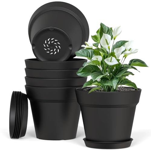 Plastic Plant Pots Indoor Outdoor, 6 Pack 5Inch/12.7CM Large Plant Pots Flower Pot with Drainage Holes and Tray,Modern Decorative Planter Pot for All House Plants(Black)