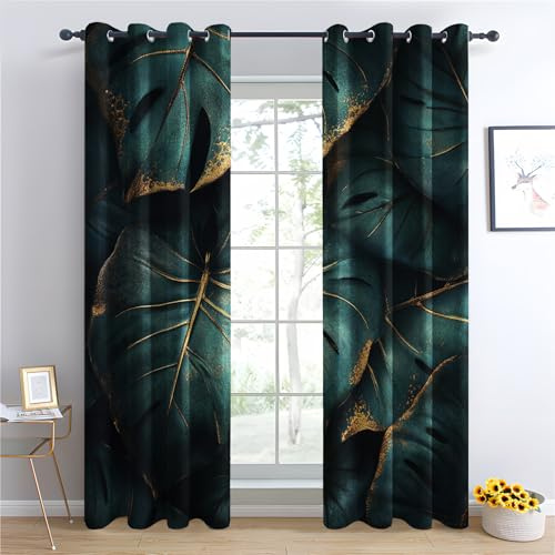 Luxfieo Monstera Vorhänge Grün Gold Tropische Blätter Vorhang Blickdicht Gardinen 220 cm Lang Verdunklungsvorhänge mit Ösen Thermovorhang für Wohnzimmer Schlafzimmer Fenster Deko 2er Set U#370