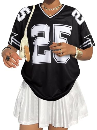 Jersey Shirts for Women Y2k Graphic Tees V Neck Baggy Streetwear Number Oversized T Shirt Summer Tops Black