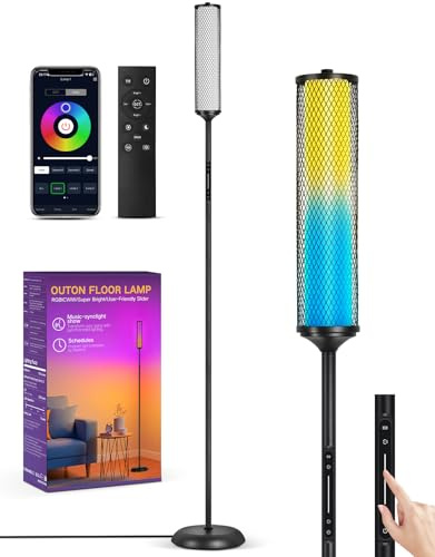 OUTON Corner Floor Lamp,RGB LED Lamp with Touch & APP & Remote Control, 32 Scene Modes & Music Sync, Dimmable Standing Lamp for Living Room, Bedroom, Gaming Room, Black & Metal Lampshade