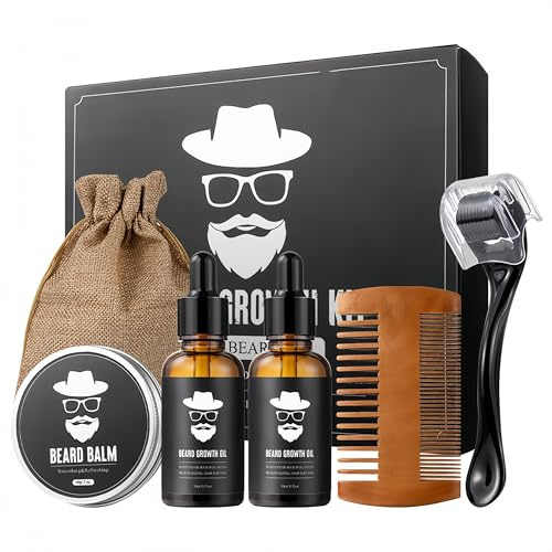 Bartpflege Set für Männer – Beard Growth Kit mit Pflegecreme 60 g, 2 × 30 ml Bartöl, Bartkamm, Microneedle Roller & Aufbewahrungstasche – Komplettes Bart Styling Set