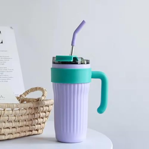 ProBytes 30oz/860ml Sip-on+Straw Double Wall Leakproof Hot/Cold Drink Handle Tumbler Mug (Purple)