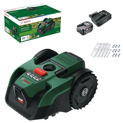 Bosch Robot rasaerba a batteria VISIMOW18V-200 | per prati fino a 200 m², larghezza taglio: 18 cm, altezza taglio: 20-60 mm, con lame ricambio, incl. batteria e caricatore