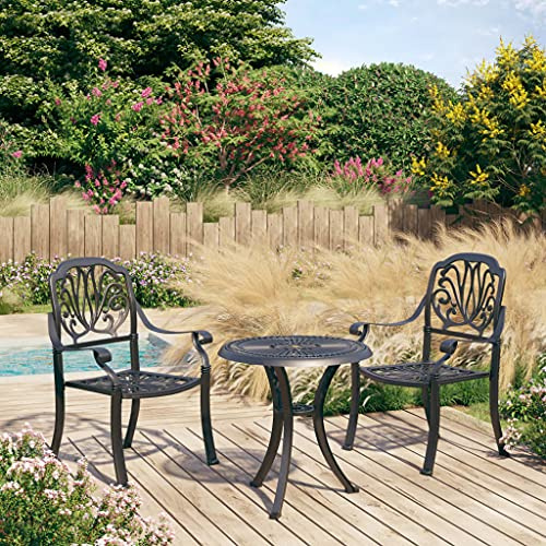 Ziaphsol Ensemble de bistrot 3 pièces en fonte d'aluminium noir résistant aux intempéries avec 2 chaises, table basse avec trou pour parasol Idéal pour terrasse, balcon, jardin