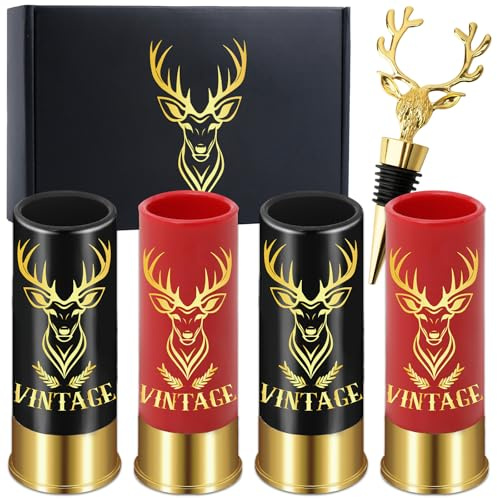Schnapsgläser mit Hirschkopf, Jäger Geschenke Enthält 4 Vintage Spirituosen & 1 Schöne Hirschkopf Flaschenstecker, Geschenke für Jäger Männer, Kleine Schnapsbecher mit Geschenkbox Heimdekoration