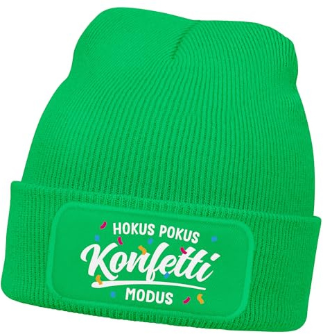 MoonWorks® Damen Beanie mit bedrucktem Patch - Hokus Pokus Konfetti Modus - Strickmütze Spruch Karneval Fasching Aufdruck Lustig Damenmütze