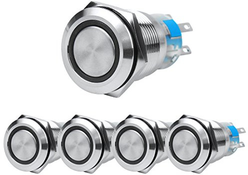 Larcele 19mm Interruptor de Botón Metal,DIY Electrónica 12V Conmutadores con Luz Indicadora,Pestillo,Cabeza Plano,Impermeable,5 piezas JSANKG-07(Luz Rojo)