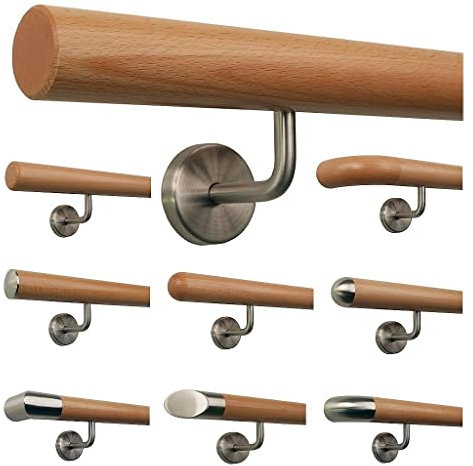 TIBU Buche Geländer Handlauf Treppe Holz Griff gew. Edelstahlhalter, Länge 30 - 500 cm aus einem Stück / Variante:380 cm mit 5 Halter gefast