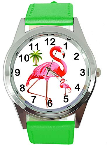 TAPORT Green Leather Round Quartz Watch for Flamingo Fans