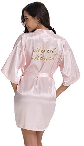 Vlazom Bridal Bridesmaid Robes Silk Bride Party Robes Dressing Gwon, Wedding Day Robes, Glitter Bridesmaid Kimono Bathrobe-Maid of Honor Pink M(UK 8-10)