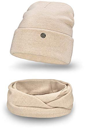 PaMaMi Damen 2 -teiliges Set (Mütze, Loop-Schal) | Beige | Gr. 55-58 cm | Atmungsaktive Mütze mit Umschlag und wärmender Loop-Schal in Strickjersey-Optik