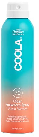 COOLA Organic Sunscreen SPF 70 Sunblock Spray, Dermatologist Tested Skin Care for Daily Protection, Vegan and Gluten Free, Peach Blossom, 6 Fl Oz