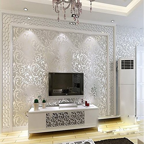 YangYun Home Decoration Modern Minimalist 3D Stereo TV Background Living Room Bedroom European PVC Damask Leaf Non-Pasted Wallpaper Silver Gray Color 1.73' W x 32.8' L