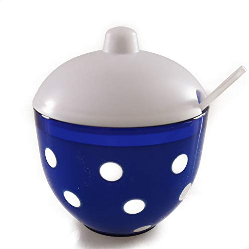 Berossi Zuckerdose mit Löffel Zuckertopf als Salzdose nutzbar im Retro Style | Zucker Dose mit Deckel aus Kunststoff | Marmeladendose im Set erweiterbar Salzfass sugar salt bowl | gepunktet blau