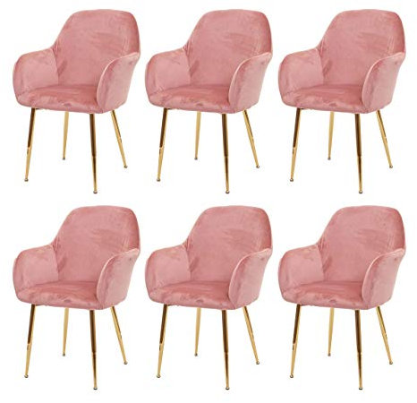 Mendler 6er-Set Esszimmerstuhl HWC-F18, Stuhl Küchenstuhl, Retro Design - Samt Altrosa, goldene Beine