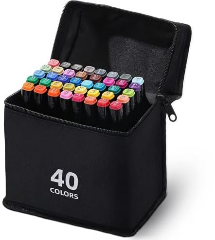 RiyaNed marker pens 40 colouring pens 1.0-6.0mm Alcohol markers Black tote bag and plastic base for painting, coloring, design, comics.