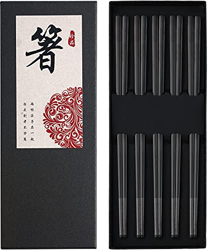 Metal Chopsticks Reusable Dishwasher Safe Matte Black Stainless Steel Chopsticks Titanium Plated Chop Sticks Square Lightweight Japanese Korean Chopsticks 9 1/4 Inches 5 Pairs Gift Set