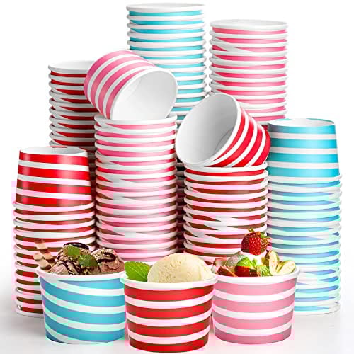 Hacaroa 150 Count 240 ml Paper Ice Cream Cups, Disposable Dessert Bowls Sundae Cup Party Supplies Treat Cups for Frozen Yogurt, Hot and Cold Food, 3 Colors Stripes