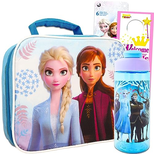 Disney Frozen School Supplies Set - Bundle of4 Pc Elsa and Anna Lunch Box, Water Bottle, Frozen Stickers, and More | Disney Lunch Bag Kit for Kids
