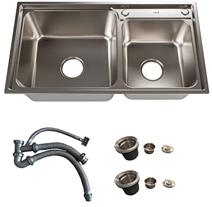 MEJE 78x43 CM Stainless Steel Kitchen Sink-Double Bowl Sink with Basket Strainer
