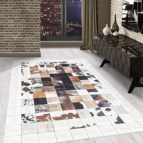 Carpetsale24 Waschbarer Kurzflor Teppich Creme 140x200 cm Patchwork Design mit Rutschfester Rückseite, Hautfreundlich & Pflegeleicht, Ideal für Wohnzimmer, Schlafzimmer, Flur & mehr
