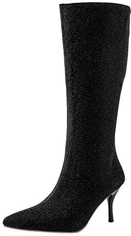 Stivali da Donna a Metà Polpaccio con Tacco Alto, Stivali da Vestito Tacco a Spillo Zip Appuntito Boots Moda Brillantini, 12075Dpy Nero Numero 38 EU