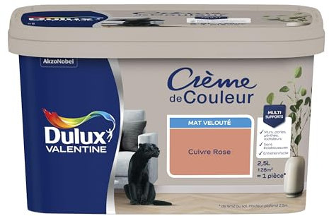 Dulux Valentine Crème de Couleur - Peinture multi-supports intérieure - Mat Cuivre Rose 2,5 L
