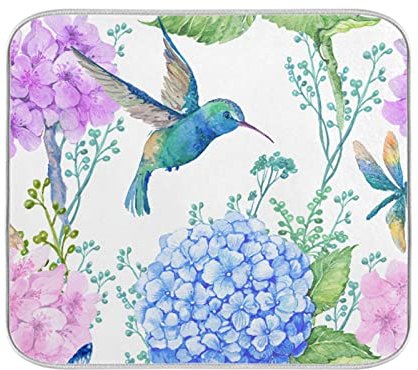 Absorbent Dish Drying Mat Watercolor Flowers Hummingbird Dishes Drainer Protector Pad Pot Holder with Hanging Loop for Kitchen Countertops Sinks Refrigerator 40 x 46 CM