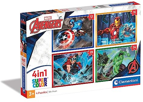 Clementoni - 21525 - Supercolor Puzzle 4 in 1 - The Avengers - Puzzle 12,16,20,24 Teile Ab 3 Jahren, Buntes Kinderpuzzle Mit Besonderer Leuchtkraft & Farbintensität, Geschicklichkeitsspiel Für Kinder