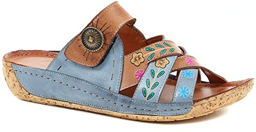 Pavers Leather Mule Sandals - Denim-Tan Size 5