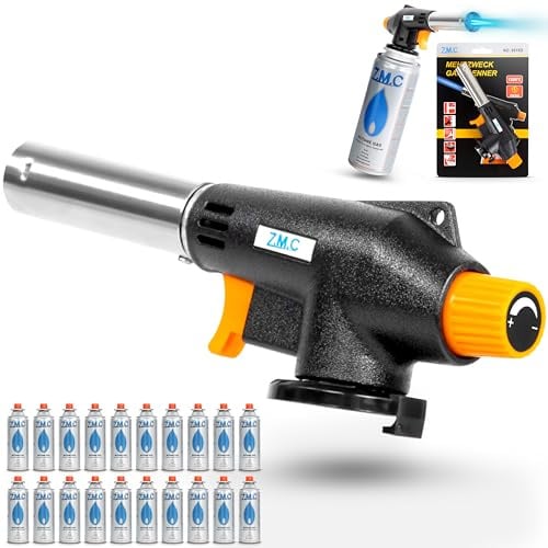 Z.M.C Gasbrenner Lötbrenner Flambierbrenner 1,3 kW bis 1300°C + 20x Gaskartusche 227g – Bunsenbrenner mit Piezozündung, Alu-Brennerkopf & einstellbarer Flamme | für Löten, Flambieren, Küche & Garten