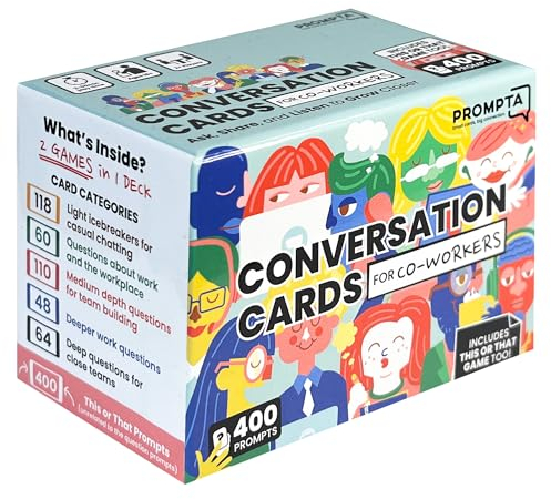 Prompta 400 Gesprächskarten für Kollegen - Lustiges Icebreaker Teambuilding-Spiel für die Arbeit - 6,3 cm x 4,4 cm große Karten - Lernen Sie die Fragen Ihrer Kollegen am besten kennen & ansprechende