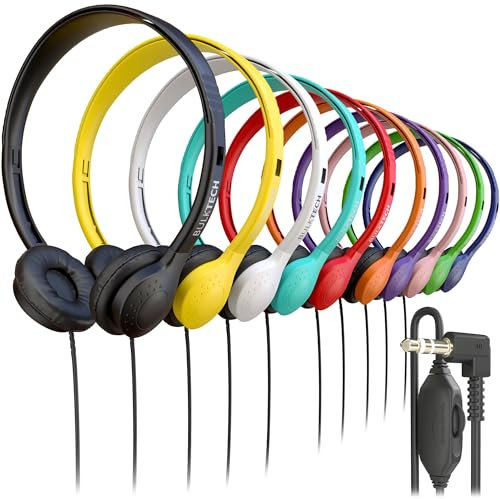 Bulktech Wired On-Ear Leather Headphones with 3.5mm Connector and Remote Control for Volume, Bulk Wholesale, 10 Pack, Assorted Colors