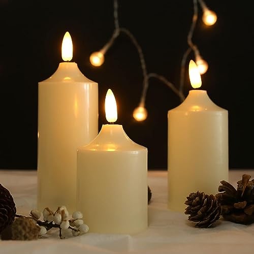 Teynewer Flameless LED Candles Tea Light Set of 3, 3D Wick Realistic and Bright Flickering Battery Operated LED Pillar Candles with 10 Key Remote Control for Christmas Wedding Festival Celebration