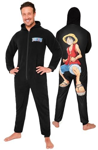 One Piece Pigiama Intero Uomo - Caldo Pigiamone in Pile con Cappuccio S-3XL - Pigiami Invernali Interi Anime Gadget Regalo (Nero, 2XL)