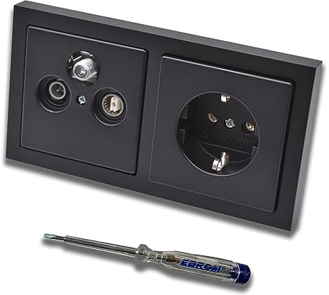 Busch Jäger SET: Unterputz 3-Loch Dose 47-2150 MHz, Enddose Stichdose, Radio/TV/SAT-Kompatibilität + Future Linear schwarz matt Rahmen + Steckdose 20EUC-885 + EBROM Phasenprüfer zur Montage d. Geräte