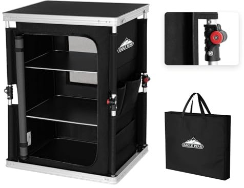 EAGLE PEAK Table Pliante de Camping extérieure avec Grande boîte de Rangement à Trois Niveaux et Poches latérales Cuisine de Camping Portable en Aluminium Facile à Installer, Noir