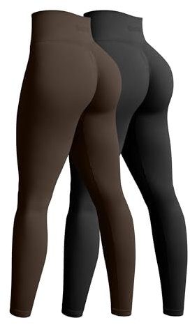 OQQ 2-teilige Yoga Leggings für Damen Nahtlos Workout Hohe Taille Po-Lifting Athletische Leggings Schwarz Dunkelbraun