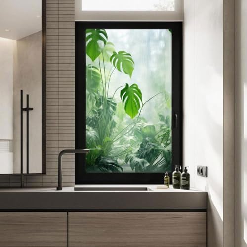 Statisch haftende Sichtschutz-Fensterfolie, grüne Pflanze, dekorative Fensterfolie, mattiert, klebstofffrei, Glasfensteraufkleber für Heimdekoration, 90 x 200 cm (B x H)